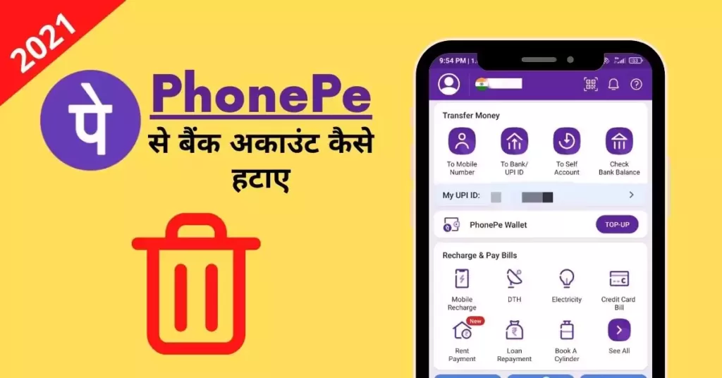 This is a featured image which describes that this article is on How to remove bank account from Phonepe in hindi