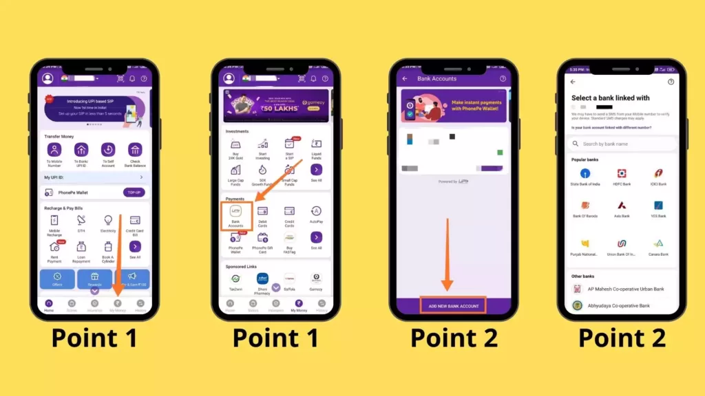 This image shows the visual content of point 1 & 2 from Step 2: Phonepe में बैंक अकाउंट ऐड करना