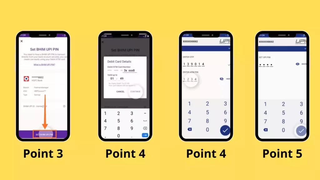 This image shows the visual content of point 3, 4 & 5 from Step 2: Phonepe में बैंक अकाउंट ऐड करना