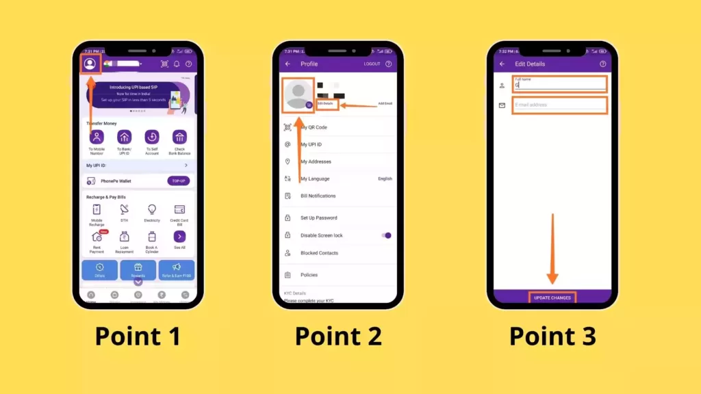 This image shows the visual content of point 1, 2 & 3 from Step 3: Phonepe मैं आता नाम, DP और ईमेल अपडेट करना